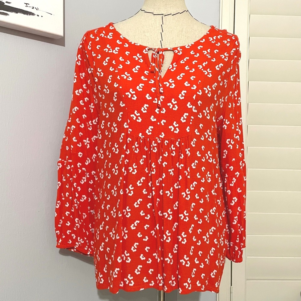 EUC Christian Siriano Women's Large Bright Orange Floral‎ Peasant Blouse Tunic